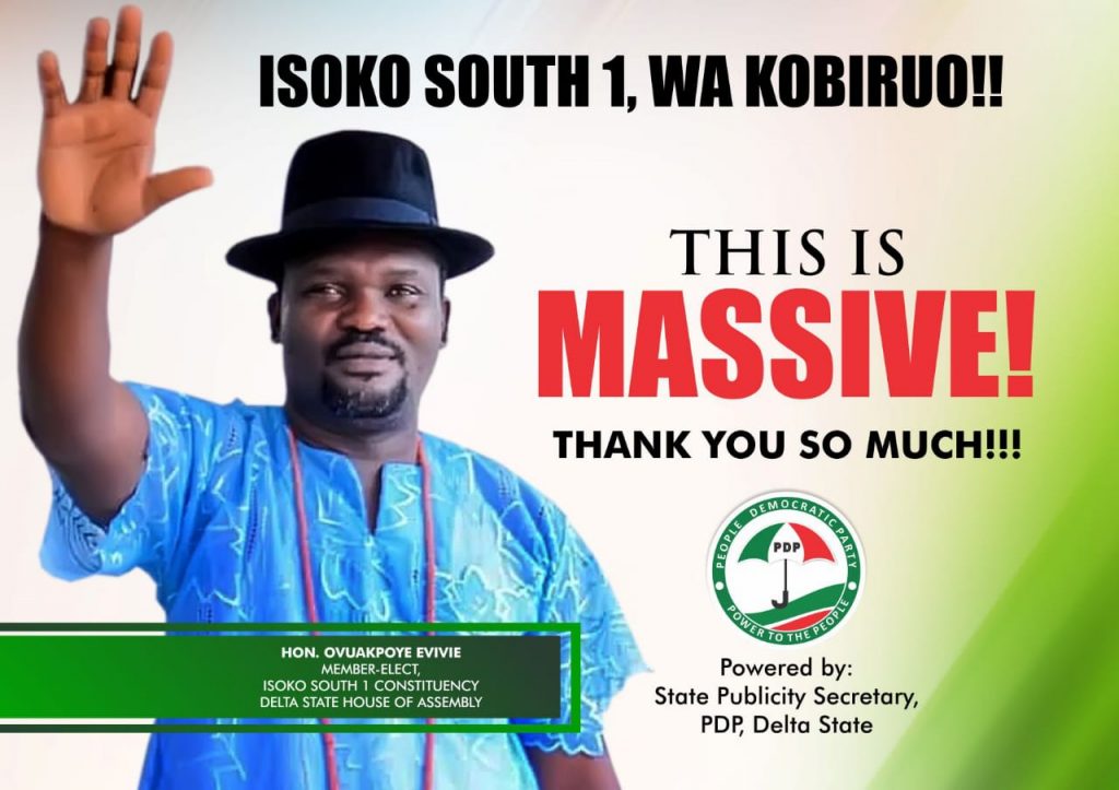 PDP grateful to Isoko South 1 Constituents, Supporters, Deltans; Congratulates Hon. Ovuakpoye Evivie on Bye-Election Victory