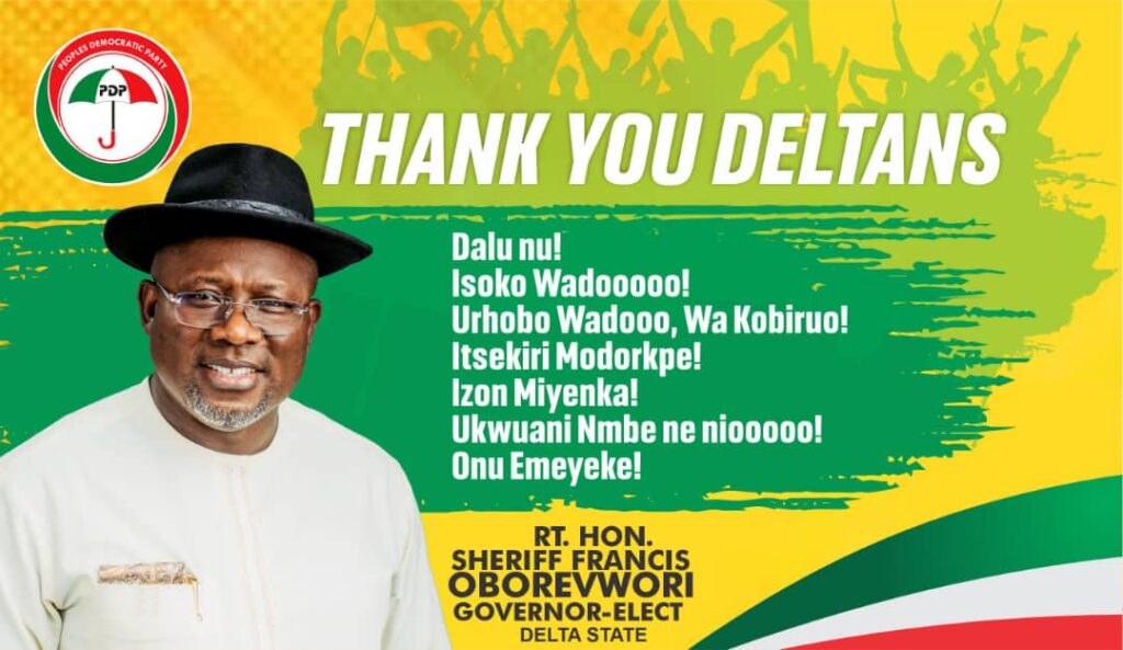 Sheriff Oborevwori writes, thanks people of Delta State